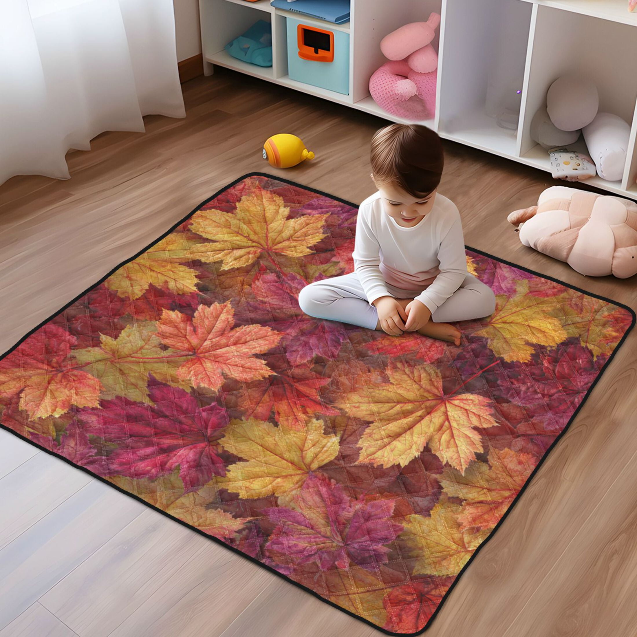 WOBOGO Autumn Maple Leaves Baby Playmats Extra Large Waterproof Rollable Activity Pads for Toddlers 50×50inch