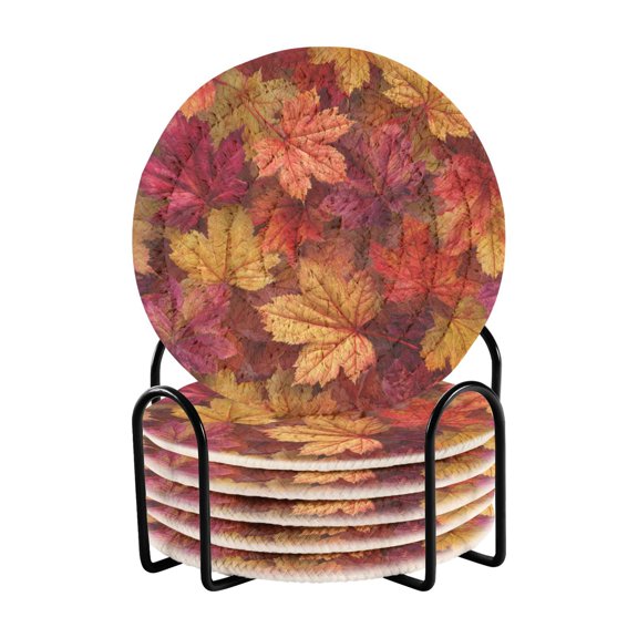 WOBOGO Autumn Maple Leaves Coil Coasters Set of 6 Minimalist Cotton Woven 3.94 inch Non-Slip Insulated and Absorbent Home Accessories.