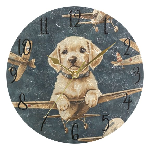 WOBOGO Aviation Puppy Wall Clock 10in Silent Mechanism Battery Operated Retro Style for Living Room Bedroom and Kitchen Gold Pointer