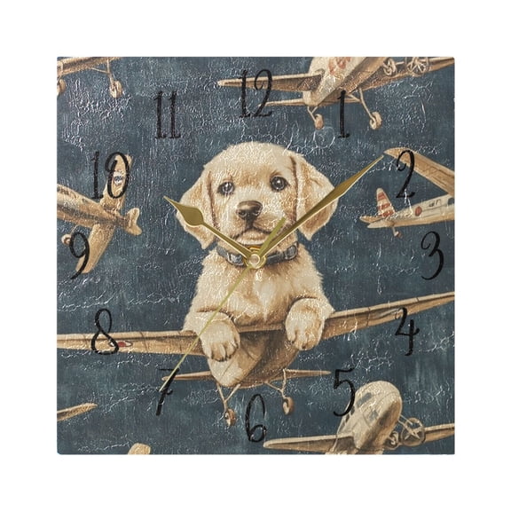 WOBOGO Aviation Puppy Wall Clock 7.78 Inch Battery Operated Silent Unit Square Rustic Vintage Style for Home Bedroom Office Gold Pointer