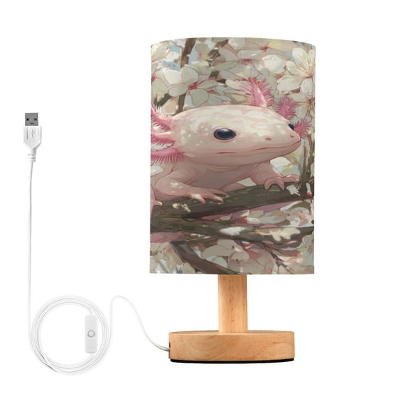 WOBOGO Axolotl Cherry Blossom Bedroom Table Lamp USB Power Connector Wooden Base Round Linen Shade For Living Room Desk