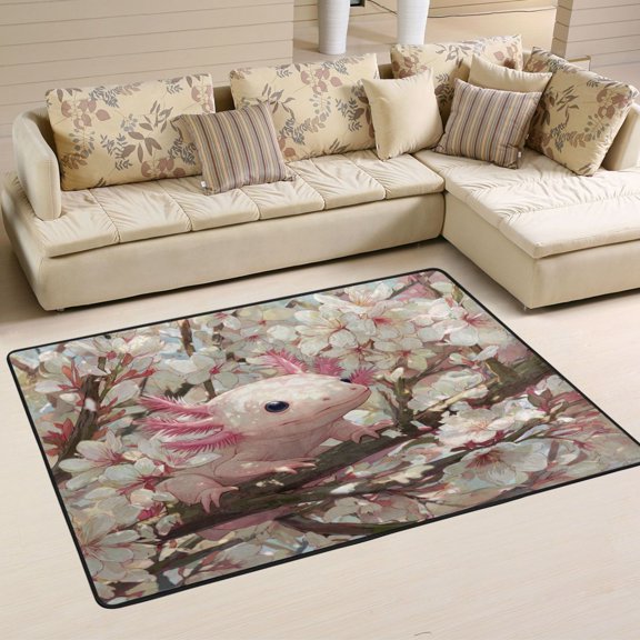 WOBOGO Axolotl Cherry Blossom Carpet Non-Slip Rugs Soft Doormat 36×24in Living Dining Room Bedroom Decorative