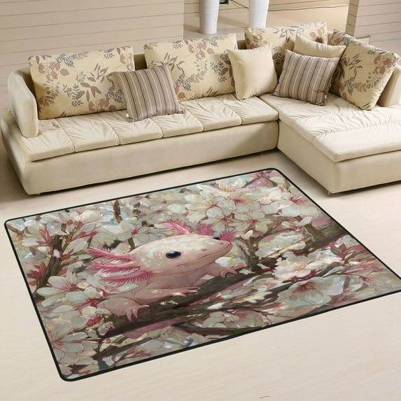 WOBOGO Axolotl Cherry Blossom Carpet Non-Slip Rugs Soft Doormat 36×24in Living Dining Room Bedroom Decorative
