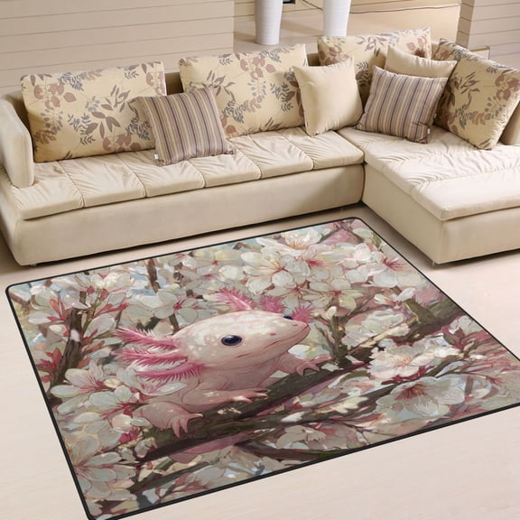 WOBOGO Axolotl Cherry Blossom Carpet Non-Slip Rugs Soft Doormat 80×58in Living Dining Room Bedroom Decorative