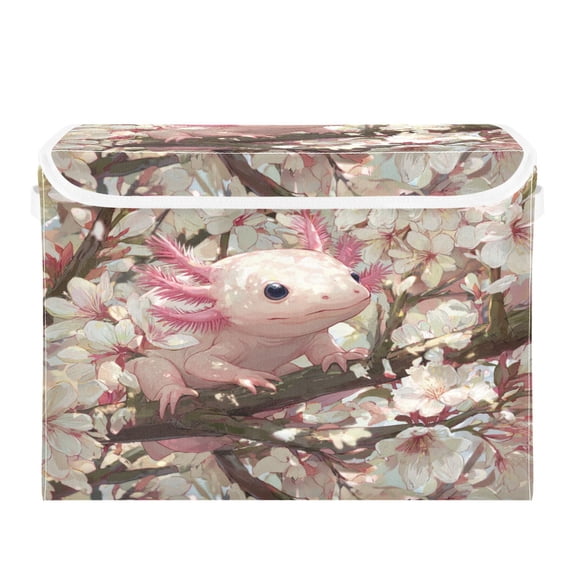 WOBOGO Axolotl Cherry Blossom Large Collapsible Storage Box Flip Lid Fabric Decorative Organizer Container Basket with Handles 16.512.611.8in