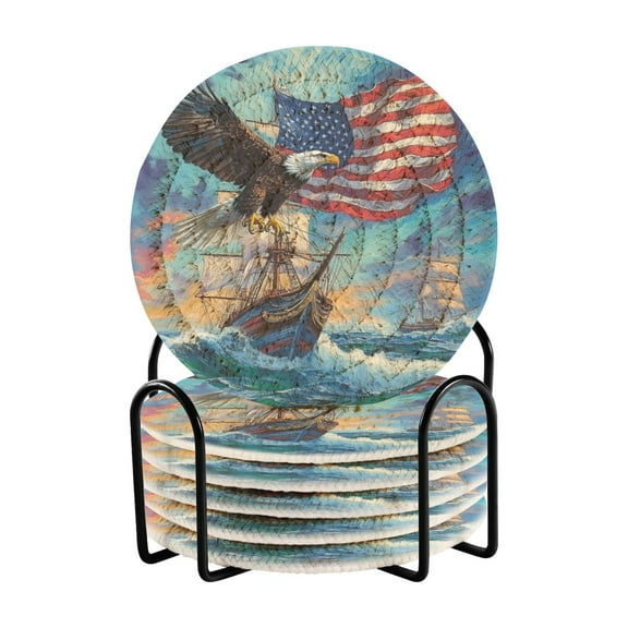 WOBOGO Bald Eagle Sailboat Coil Coasters Set of 6 Minimalist Cotton Woven 3.94 inch Non-Slip Insulated and Absorbent Home Accessories.
