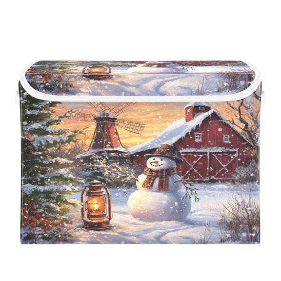 WOBOGO Barn Snowman Large Collapsible Storage Box Flip Lid Fabric Decorative Organizer Container Basket with Handles 16.512.611.8in
