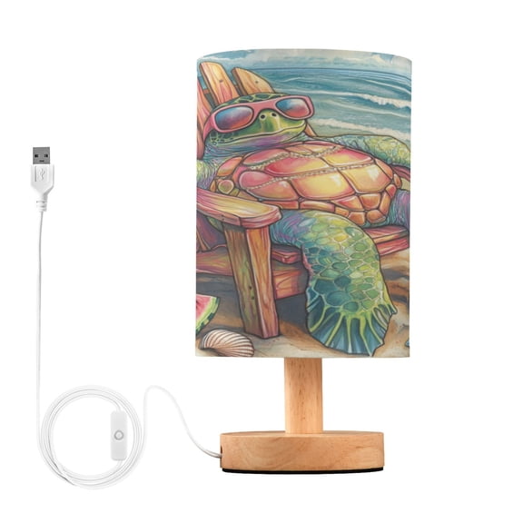WOBOGO Beach Turtles Bedroom Table Lamp USB Power Connector Wooden Base Round Linen Shade For Living Room Desk
