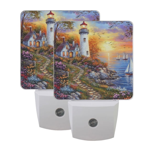 WOBOGO Beautiful Lighthouse LED Night Light 2 Pcs Set 0.5 Watt Wall Plug in Dusk to Dawn Automatic Switch Soft White Light