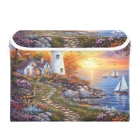 WOBOGO Beautiful Lighthouse Large Collapsible Storage Box Flip Lid Fabric Decorative Organizer Container Basket with Handles 16.512.611.8in