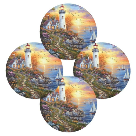 WOBOGO Beautiful Lighthouse Round Placemats Set of 4 Heat Resistant Washable Kitchen Table Decorations 15.4in