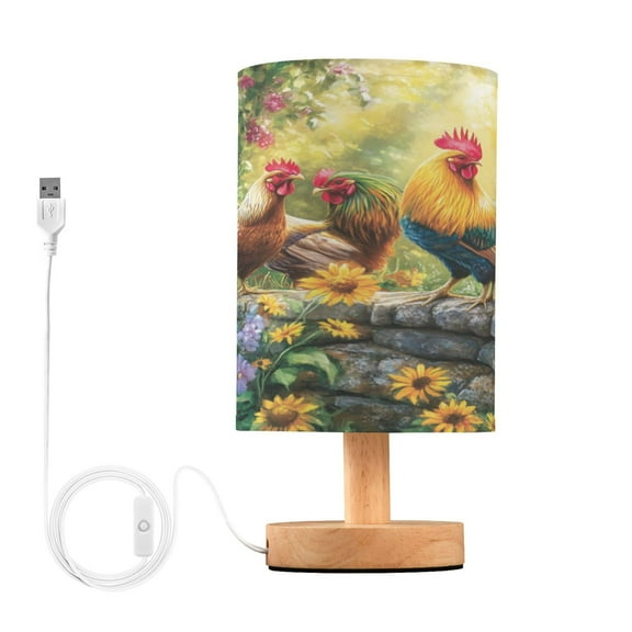 WOBOGO Beautiful Rooster Bedroom Table Lamp USB Power Connector Wooden Base Round Linen Shade For Living Room Desk