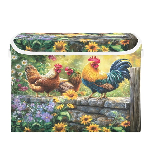 WOBOGO Beautiful Rooster Large Collapsible Storage Box Flip Lid Fabric Decorative Organizer Container Basket with Handles 16.512.611.8in