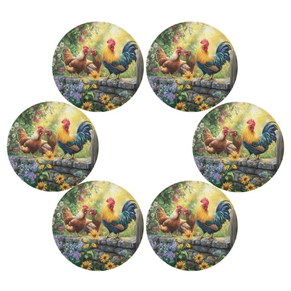 WOBOGO Beautiful Rooster Round Placemats Set of 6 Heat Resistant Washable Kitchen Table Decorations 15.4in