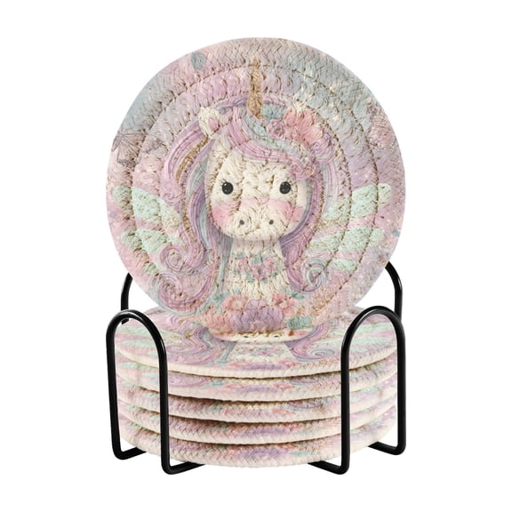 WOBOGO Beautiful Unicorn Coil Coasters Set of 6 Minimalist Cotton Woven 3.94 inch Non-Slip Insulated and Absorbent Home Accessories.