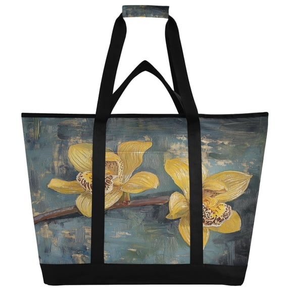 WOBOGO Beautiful Yellow Cymbidium Tote Cooler Bag Fold Flat Insulated Shopping Bag With Zipper For Work Picnic Beach Use 18×6.7×24in