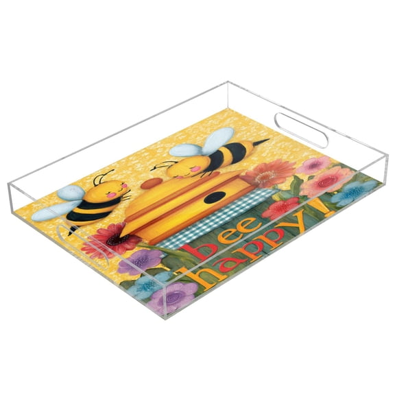 WOBOGO Bee Happy Acrylic Serving Trays 15.7x11.8 Inch Spill Proof Clear Decorative Organizer with Handle