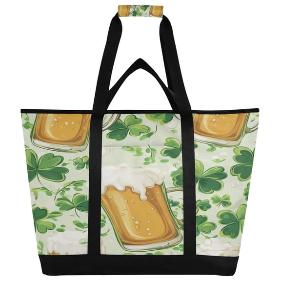 WOBOGO Beer and Green Cloverleaf Patterns with St Patricks Tote Cooler Bag Fold Flat Insulated Shopping Bag With Zipper For Work Picnic Beach Use 18×6.7×24in