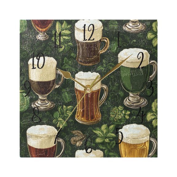WOBOGO Beer Pattern with St Patricks Wall Clock 7.78 Inch Battery Operated Silent Unit Square Rustic Vintage Style for Home Bedroom Office Gold Pointer