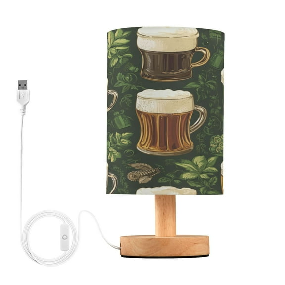 WOBOGO Beer Pattern with St Patricks Bedroom Table Lamp USB Power Connector Wooden Base Round Linen Shade For Living Room Desk