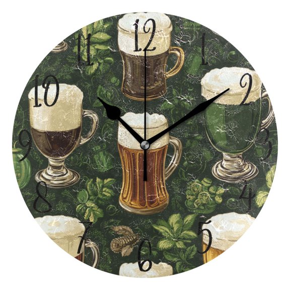 WOBOGO Beer Pattern with St Patricks Wall Clock 10in Silent Mechanism Battery Operated Retro Style for Living Room Bedroom and Kitchen Black Pointer