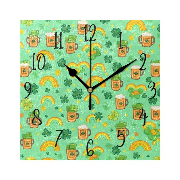 WOBOGO Beer and Rainbows in A Cloverleaf Background Wall Clock 7.78 Inch Battery Operated Silent Unit Square Rustic Vintage Style for Home Bedroom Office Black Pointer
