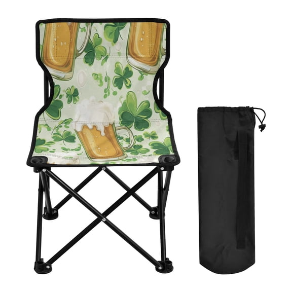 WOBOGO Beer and Green Cloverleaf Patterns with St Patricks Camping Chair Convenient Four Corner Backrest Folding Stool Can Hold Up to 220lbs