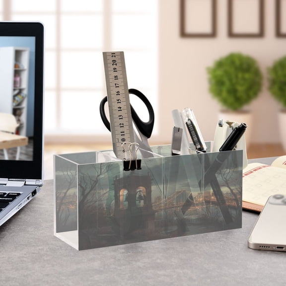 WOBOGO Bell Tower Acrylic Pen Holder 4 Compartments Clear Pencil Organizer Makeup Brush Storage Case