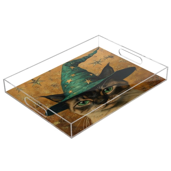 WOBOGO Bengal Cat Acrylic Serving Trays 15.7x11.8 Inch Spill Proof Clear Decorative Organizer with Handle