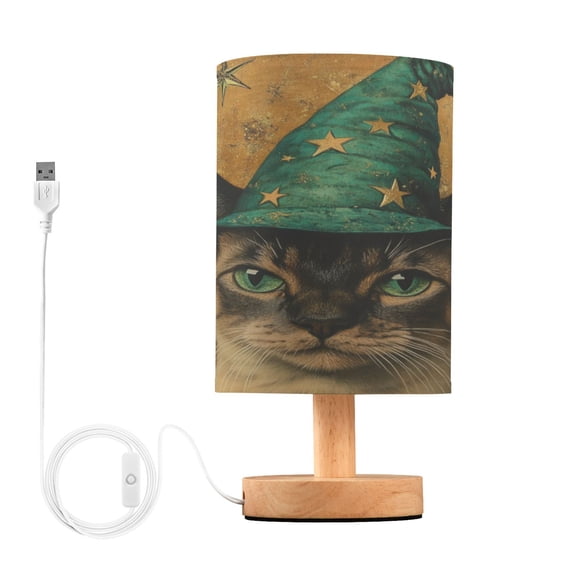 WOBOGO Bengal Cat Bedroom Table Lamp USB Power Connector Wooden Base Round Linen Shade For Living Room Desk