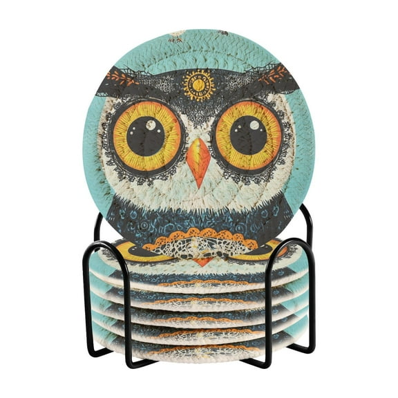 WOBOGO Big Head Owl Coil Coasters Set of 6 Minimalist Cotton Woven 3.94 inch Non-Slip Insulated and Absorbent Home Accessories.