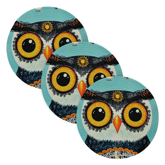 WOBOGO Big Head Owl Coil Placemats 3pcs Resistant Hot Pads Mat for Table Counter Cooking Potholder 15in