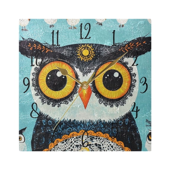 WOBOGO Big Head Owl Wall Clock 7.78 Inch Battery Operated Silent Unit Square Rustic Vintage Style for Home Bedroom Office Gold Pointer