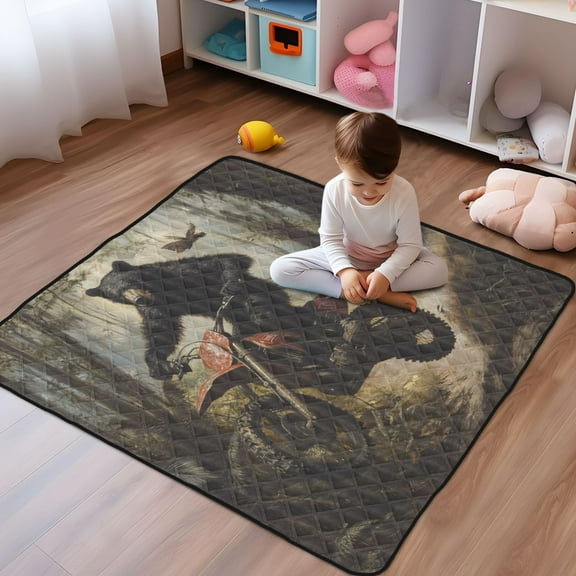 WOBOGO Black Bear Riding A Motocross Bike Baby Playmats Extra Large Waterproof Rollable Activity Pads for Toddlers 5050inch