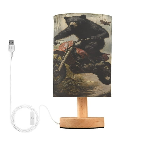 WOBOGO Black Bear Riding A Motocross Bike Bedroom Table Lamp USB Power Connector Wooden Base Round Linen Shade For Living Room Desk