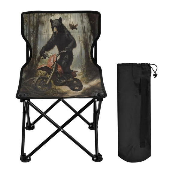 WOBOGO Black Bear Riding A Motocross Bike Camping Chair Convenient Four Corner Backrest Folding Stool Can Hold Up to 220lbs