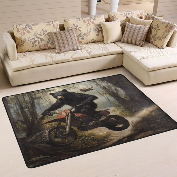 WOBOGO Black Bear Riding A Motocross Bike Carpet Non-Slip Rugs Soft Doormat 36×24in Living Dining Room Bedroom Decorative