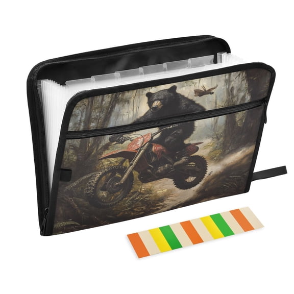 WOBOGO Black Bear Riding A Motocross Bike Expanding File Folder Letter Size Accordion Filing Organizer 13 Pocket Separate Organ Pocket