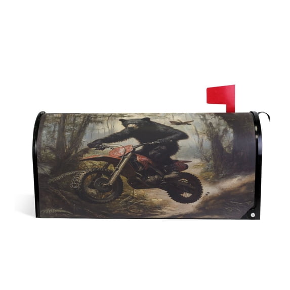 WOBOGO Black Bear Riding A Motocross Bike Mailbox Cover Magnetic for Garden Yard Home Decor Standard Size 25.4×20.78in