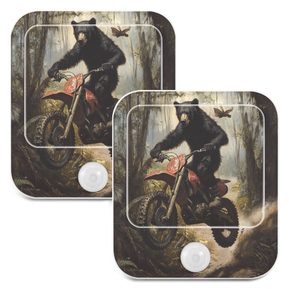WOBOGO Black Bear Riding A Motocross Bike Night Light Lamp with Smart Sensor Dusk to Dawn Sensor 0.6W Plug-in 2-Pack