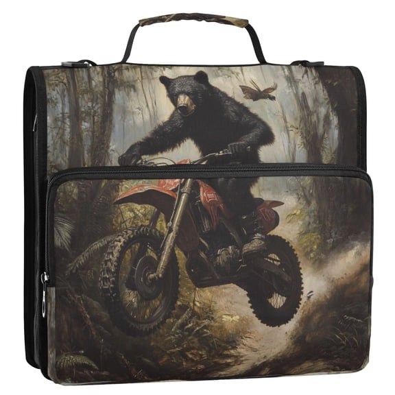 WOBOGO Black Bear Riding A Motocross Bike Ring Binder Bag 1.5in Folder Organizer with Shoulder Strap for 13Inch Laptop and 500 Sheets of Paper