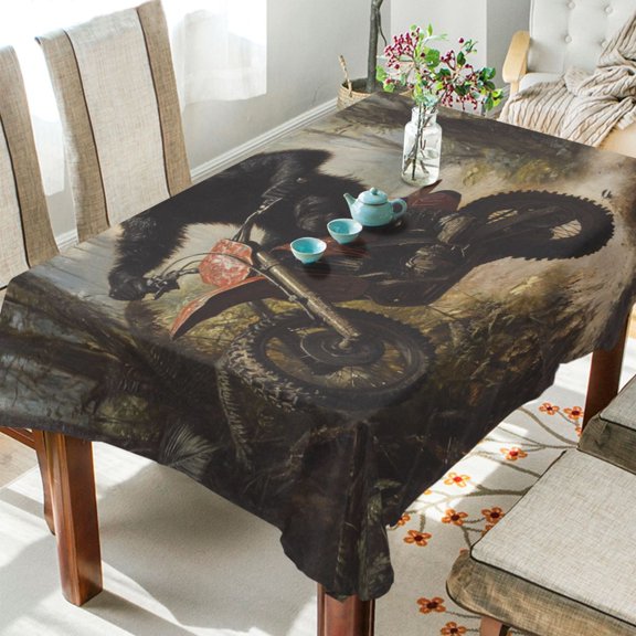 WOBOGO Black Bear Riding A Motocross Bike Square Tablecloth 60×60in Polyester Fabric Tablecloth Washable Dust Resistant Wrinkle Resistant