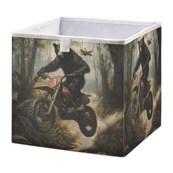 WOBOGO Black Bear Riding A Motocross Bike Storage Basket Foldable Easy to Clean Durable with Hollow Support Plate with Handle 15.75×10.63×6.96 in