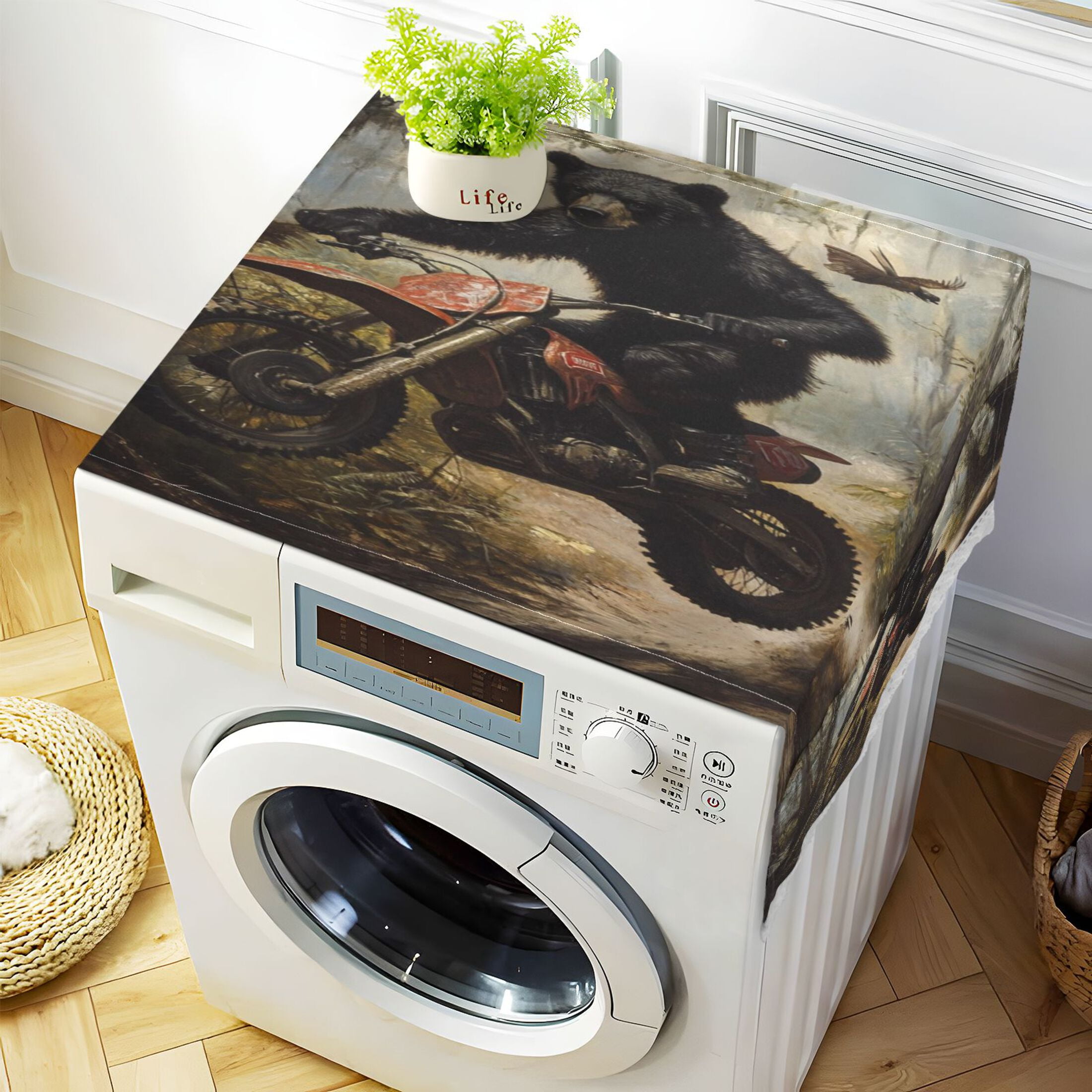 WOBOGO Black Bear Riding A Motocross Bike Washing Machine Cloth Dryer Refrigerator Top Cover Protective Non-Slip Mat For Kitchen Laundry