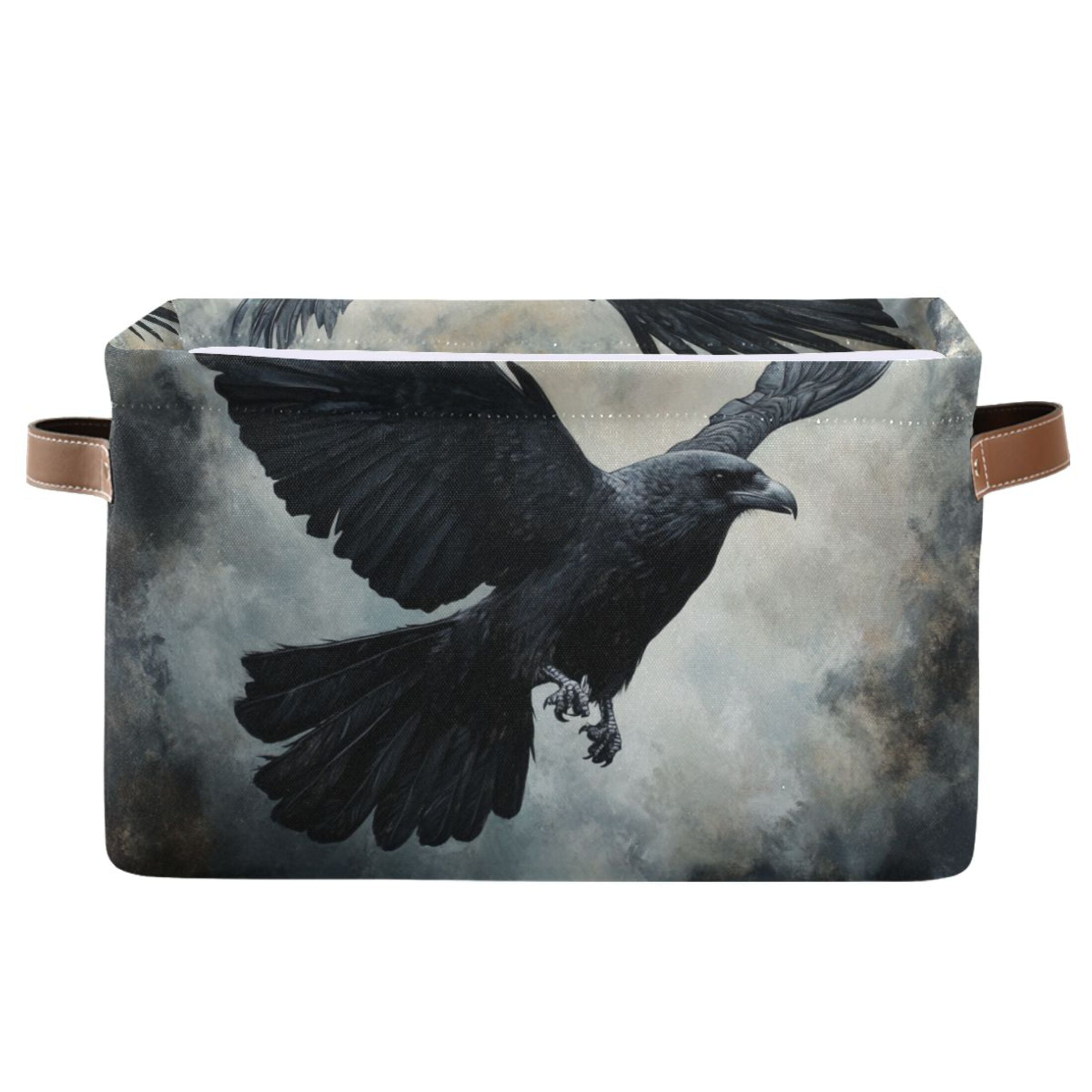 WOBOGO Black Bird Square Storage Basket with Waterproof Canvas and PE Lining Durable PU Leather Handles 14.2×10.2×8.3in
