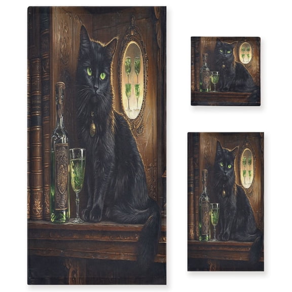 WOBOGO Black Cat with Absinthe Ultra Soft 3 Pack Cotton Towel Set Includes 60 x 30in Bath Towel 28 x 16in Face Towel and 13 x 13in Small Square Towel for Everyday Use Lightweight and Compact