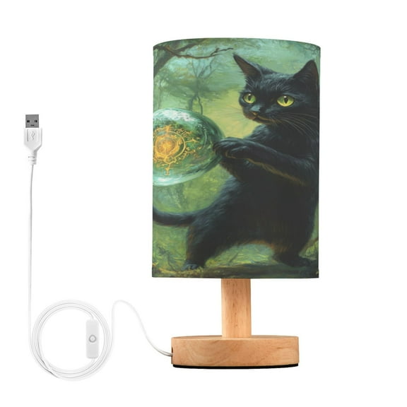 WOBOGO Black Cat Crystal Ball Bedroom Table Lamp USB Power Connector Wooden Base Round Linen Shade For Living Room Desk