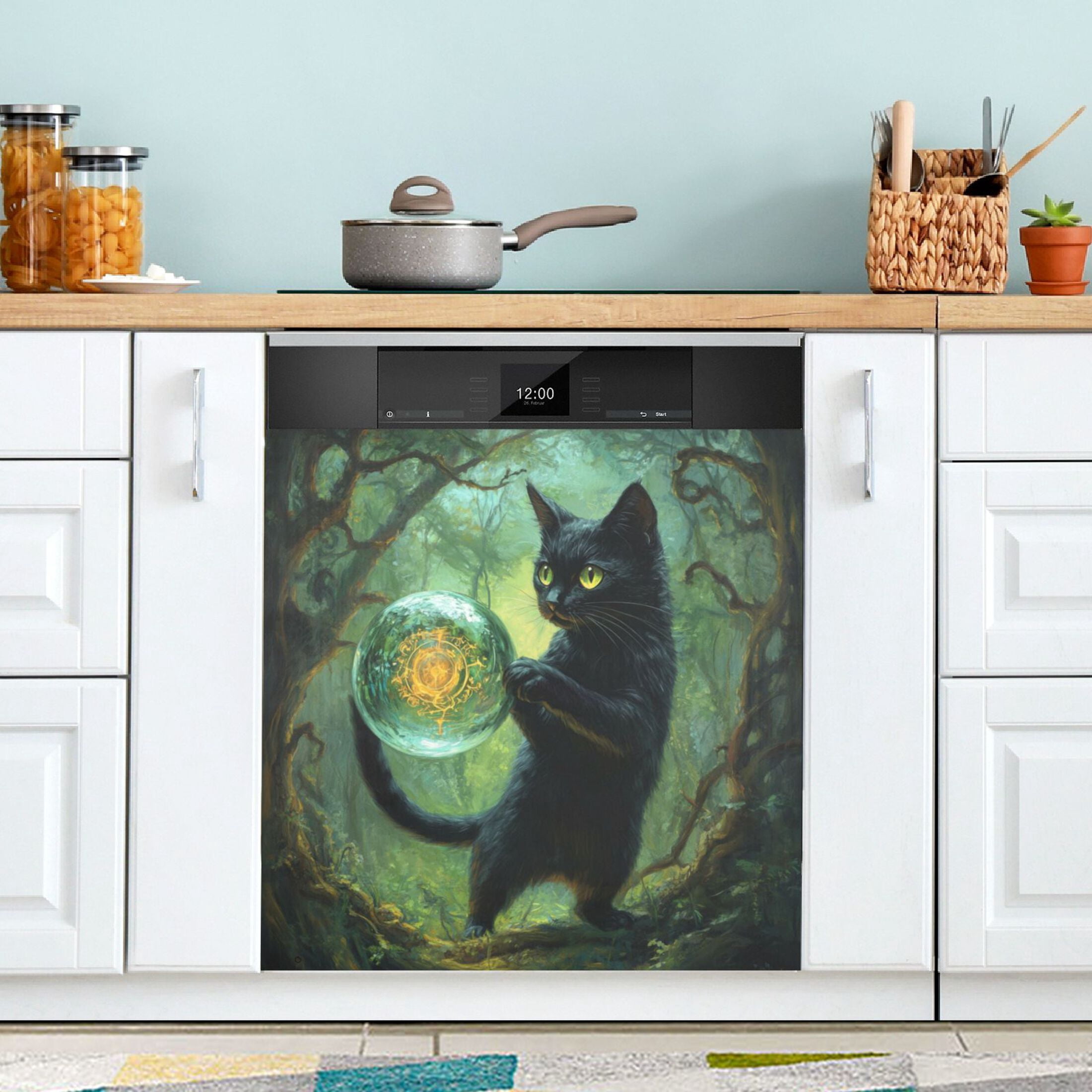 WOBOGO Black Cat Crystal Ball Magnetic Dishwasher Sticker Personalized DIY Beautiful and Practical Home Kitchen Decorations 23×16in