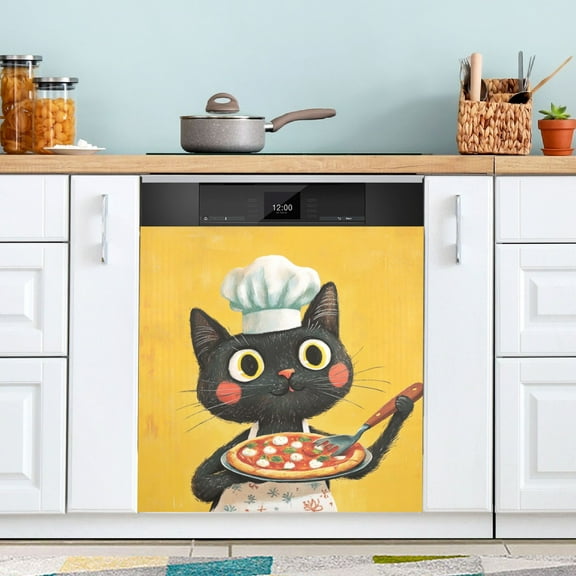 WOBOGO Black Cat Culinary Pizza Magnetic Dishwasher Sticker Personalized DIY Beautiful and Practical Home Kitchen Decorations2316in.