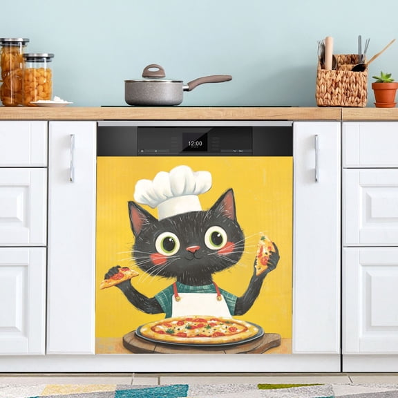 WOBOGO Black Cat Eats Pizza Magnetic Dishwasher Sticker Personalized DIY Beautiful and Practical Home Kitchen Decorations2316in.